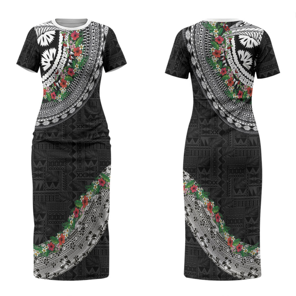 Fiji Hibiscus Couples Matching Short Sleeve Bodycon Dress and Long Sleeve Button Shirt Tapa Masi Motifs with Tropical Plants