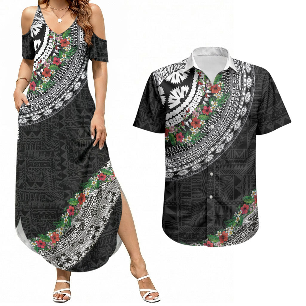 Fiji Hibiscus Couples Matching Summer Maxi Dress and Hawaiian Shirt Tapa Masi Motifs with Tropical Plants