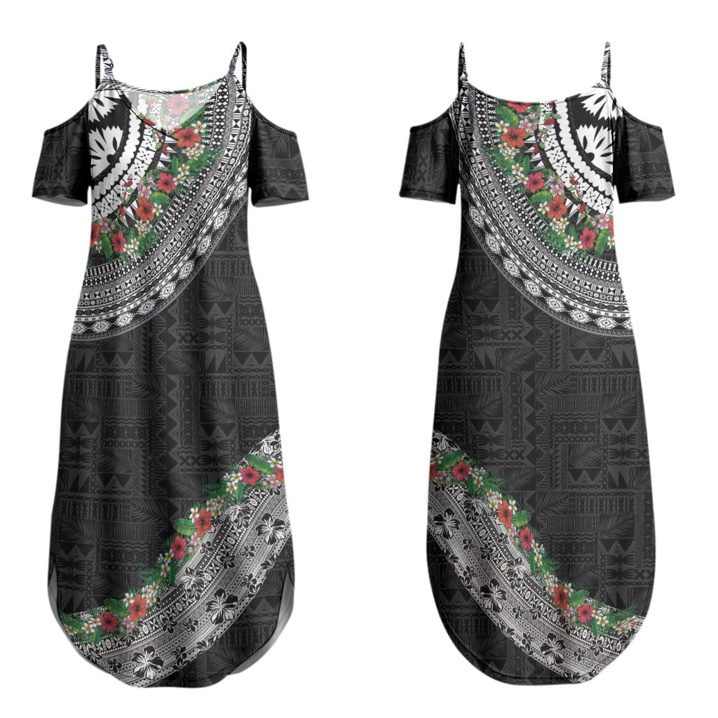 Fiji Hibiscus Couples Matching Summer Maxi Dress and Hawaiian Shirt Tapa Masi Motifs with Tropical Plants