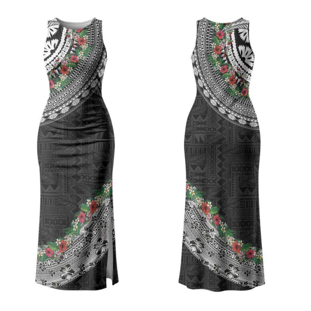 Fiji Hibiscus Couples Matching Tank Maxi Dress and Long Sleeve Button Shirt Tapa Masi Motifs with Tropical Plants