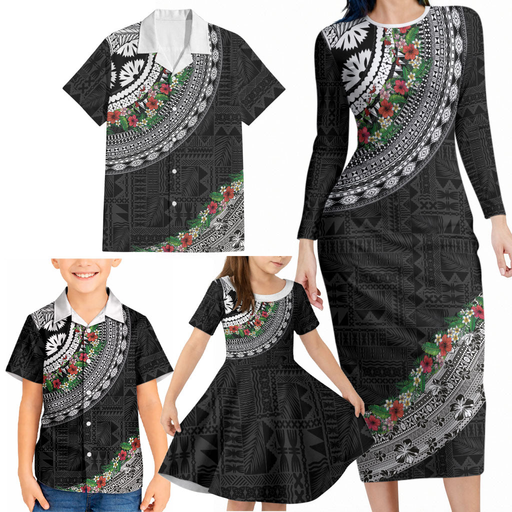Fiji Hibiscus Family Matching Long Sleeve Bodycon Dress and Hawaiian Shirt Tapa Masi Motifs with Tropical Plants