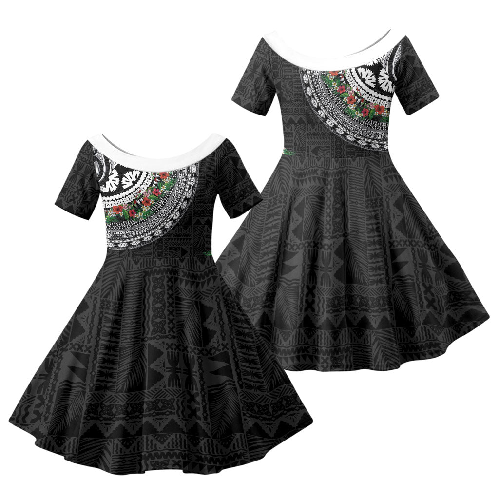 Fiji Hibiscus Family Matching Mermaid Dress and Hawaiian Shirt Tapa Masi Motifs with Tropical Plants