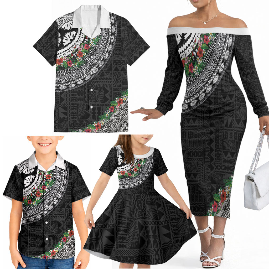 Fiji Hibiscus Family Matching Off The Shoulder Long Sleeve Dress and Hawaiian Shirt Tapa Masi Motifs with Tropical Plants LT03 - Polynesian Pride