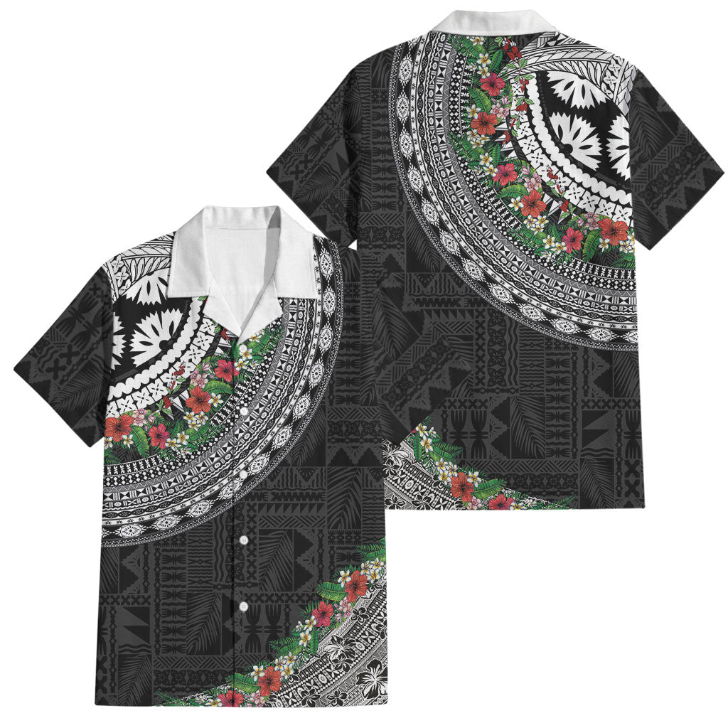 Fiji Hibiscus Family Matching Off The Shoulder Long Sleeve Dress and Hawaiian Shirt Tapa Masi Motifs with Tropical Plants