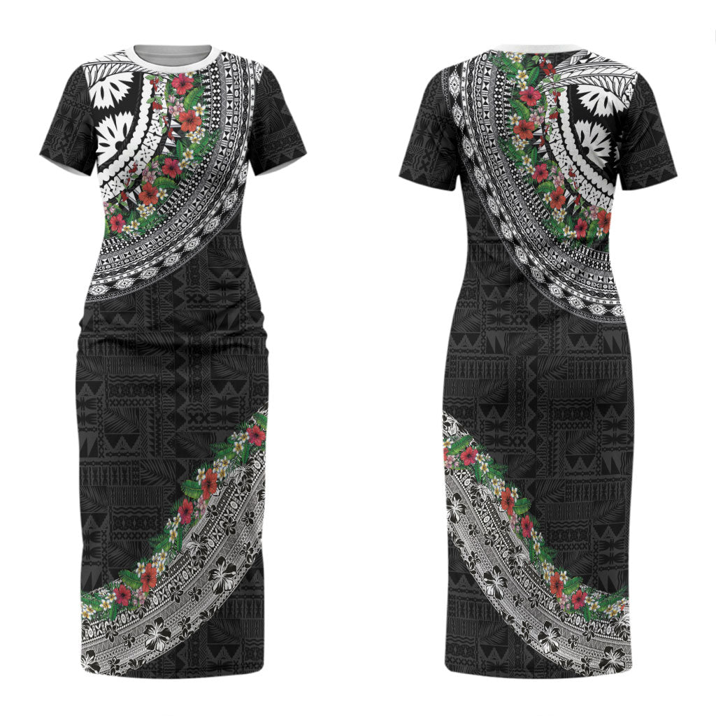 Fiji Hibiscus Family Matching Short Sleeve Bodycon Dress and Hawaiian Shirt Tapa Masi Motifs with Tropical Plants