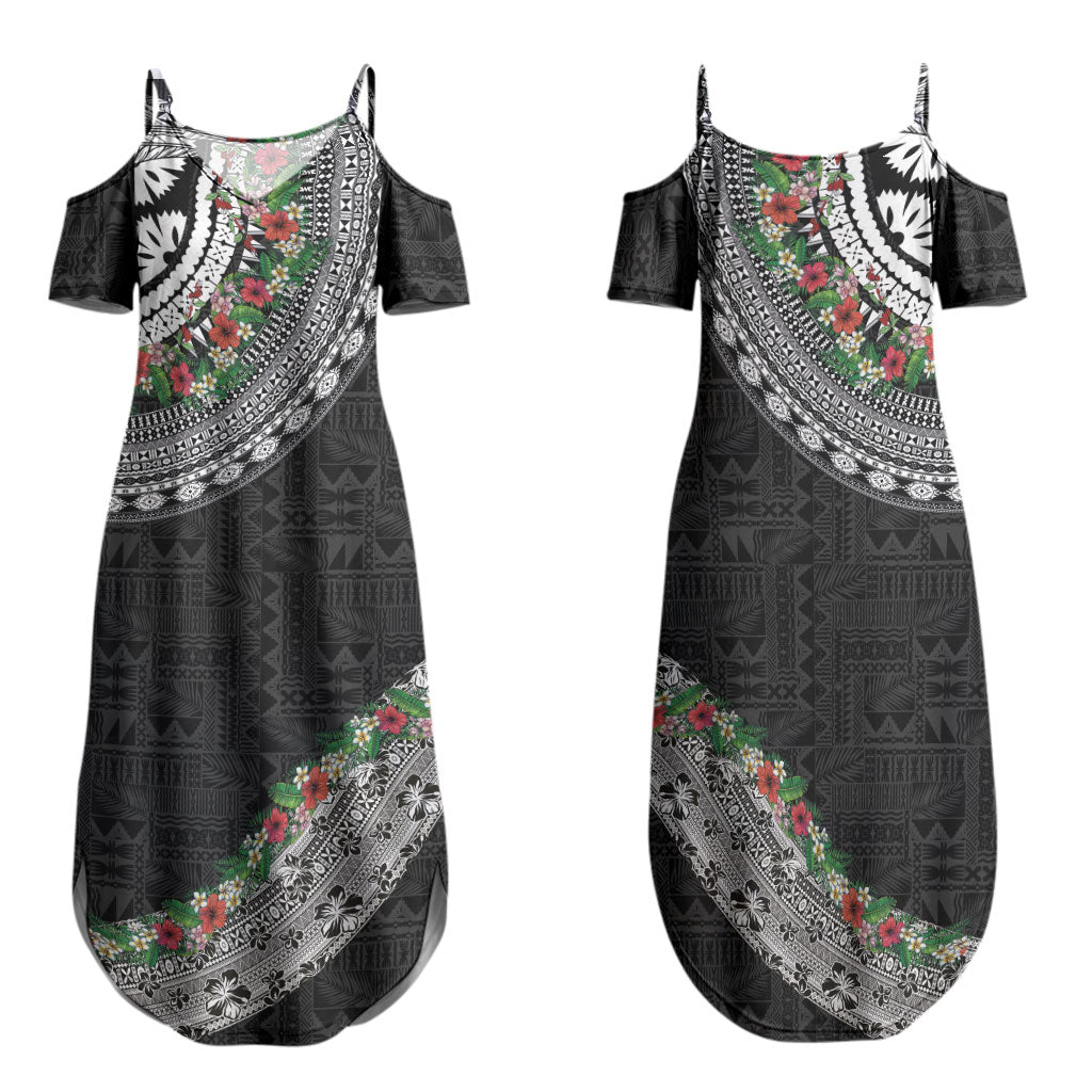Fiji Hibiscus Family Matching Summer Maxi Dress and Hawaiian Shirt Tapa Masi Motifs with Tropical Plants