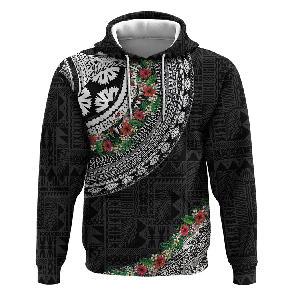 Fiji Hibiscus Hoodie Tapa Masi Motifs with Tropical Plants LT03 Pullover Hoodie Black - Polynesian Pride