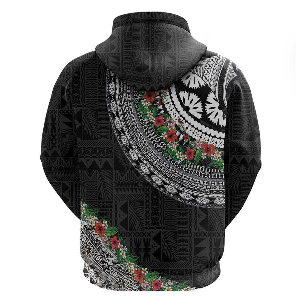 Fiji Hibiscus Hoodie Tapa Masi Motifs with Tropical Plants