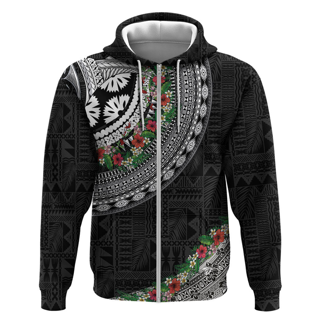 Fiji Hibiscus Hoodie Tapa Masi Motifs with Tropical Plants