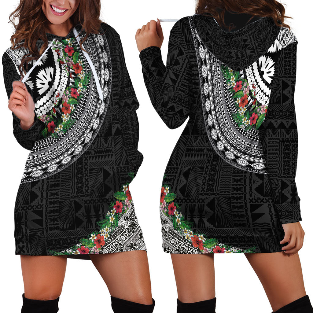 Fiji Hibiscus Hoodie Dress Tapa Masi Motifs with Tropical Plants