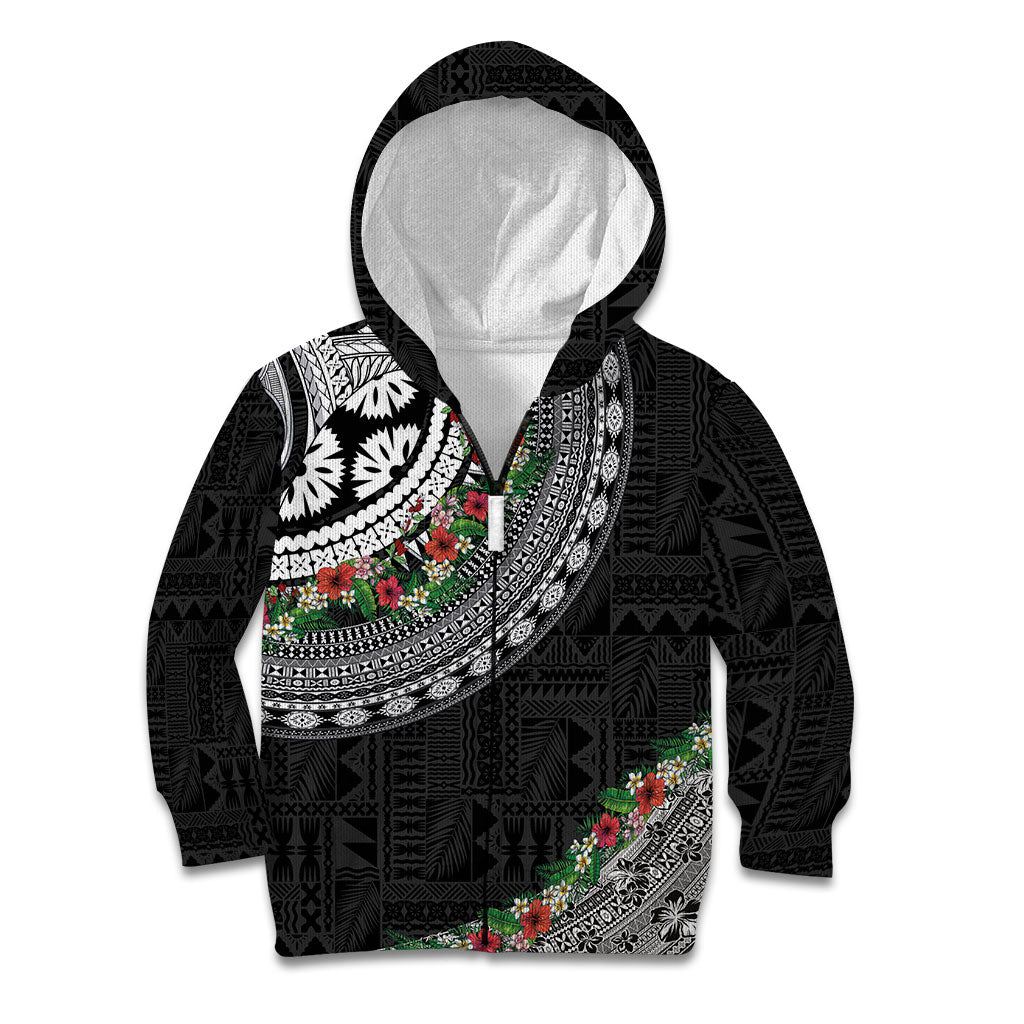 Fiji Hibiscus Kid Hoodie Tapa Masi Motifs with Tropical Plants LT03 Zip Hoodie Black - Polynesian Pride