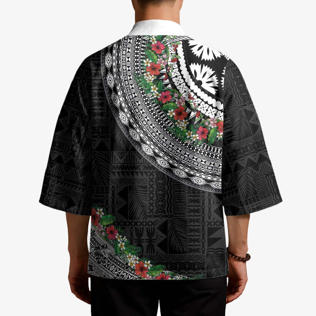 Fiji Hibiscus Kimono Tapa Masi Motifs with Tropical Plants