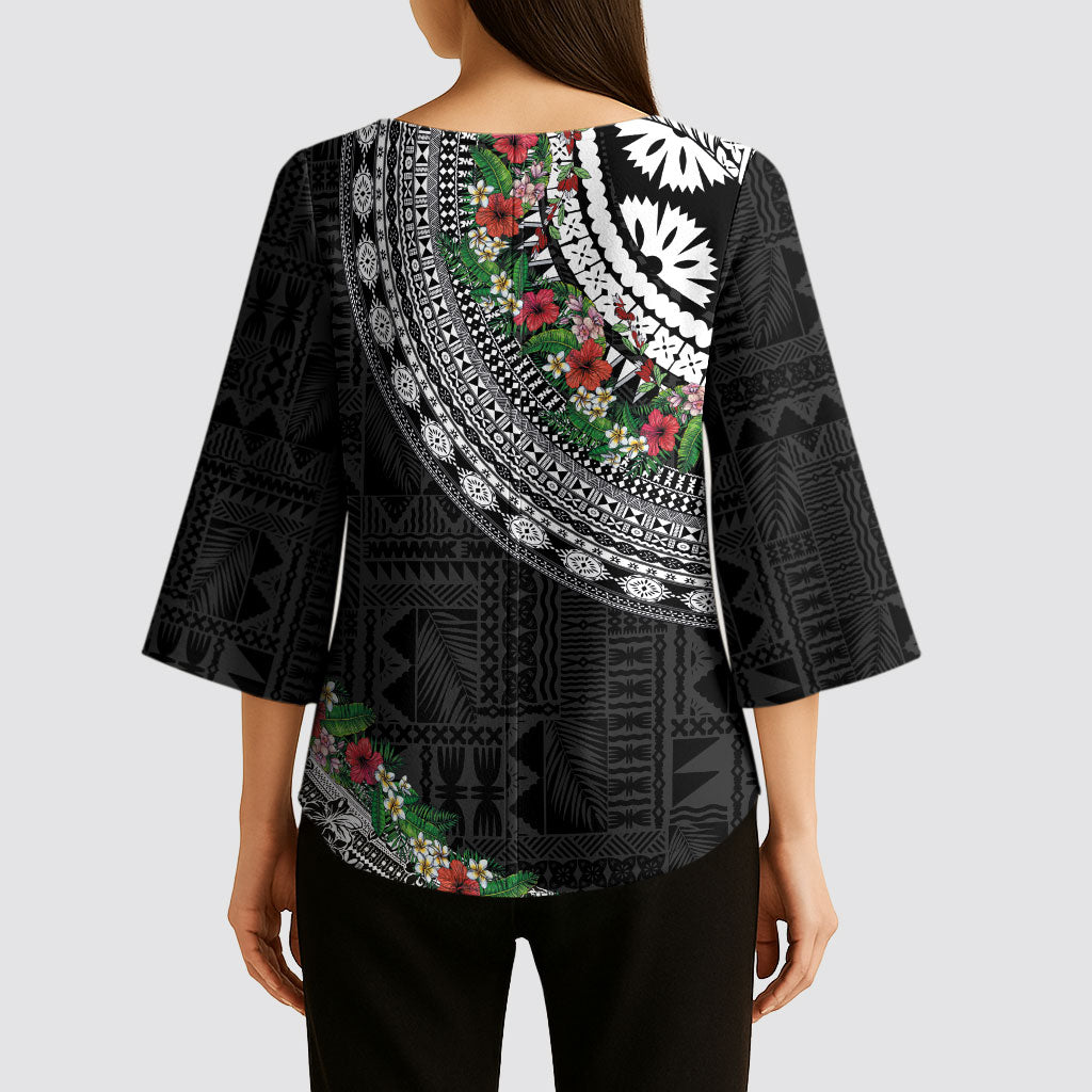 Fiji Hibiscus Kimono Sleeve Blouse Tapa Masi Motifs with Tropical Plants