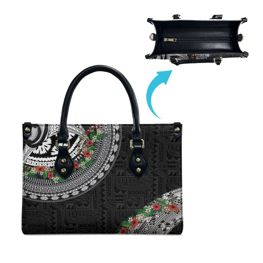 Fiji Hibiscus Leather Bag Tapa Masi Motifs with Tropical Plants