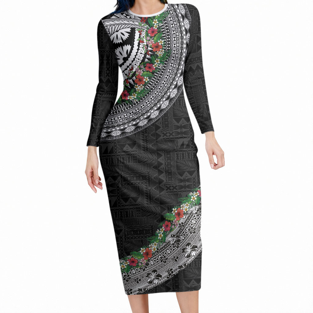 Fiji Hibiscus Long Sleeve Bodycon Dress Tapa Masi Motifs with Tropical Plants