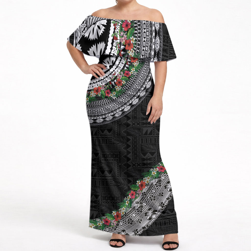 Fiji Hibiscus Off Shoulder Maxi Dress Tapa Masi Motifs with Tropical Plants
