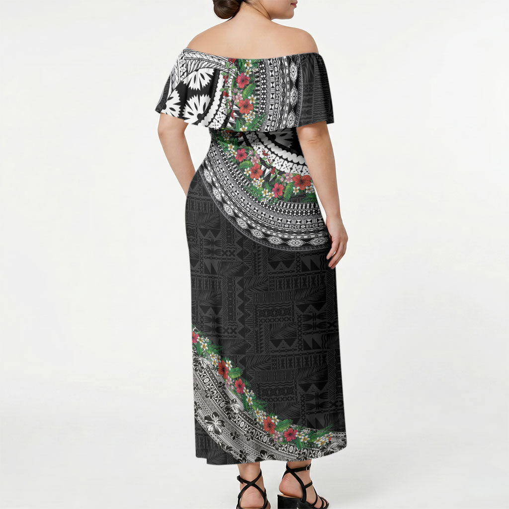 Fiji Hibiscus Off Shoulder Maxi Dress Tapa Masi Motifs with Tropical Plants