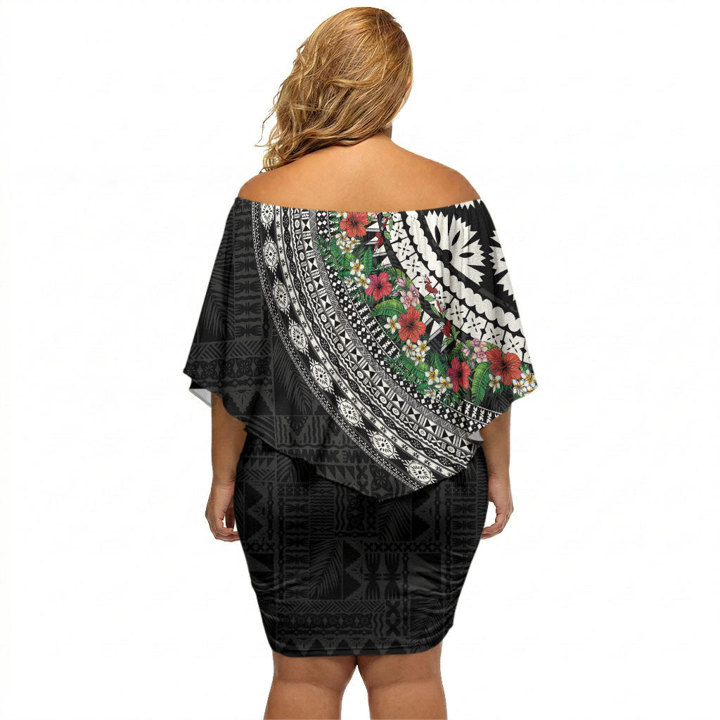 Fiji Hibiscus Off Shoulder Short Dress Tapa Masi Motifs with Tropical Plants
