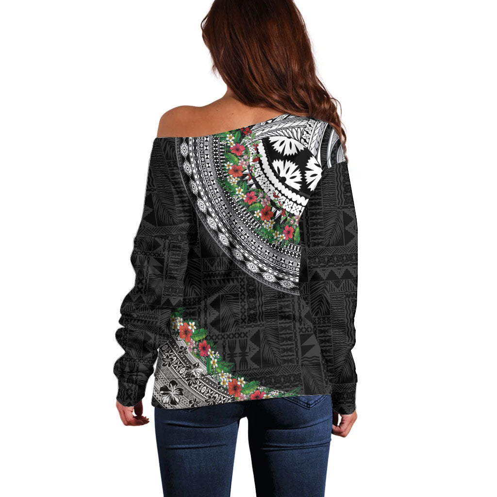 Fiji Hibiscus Off Shoulder Sweater Tapa Masi Motifs with Tropical Plants LT03 - Polynesian Pride