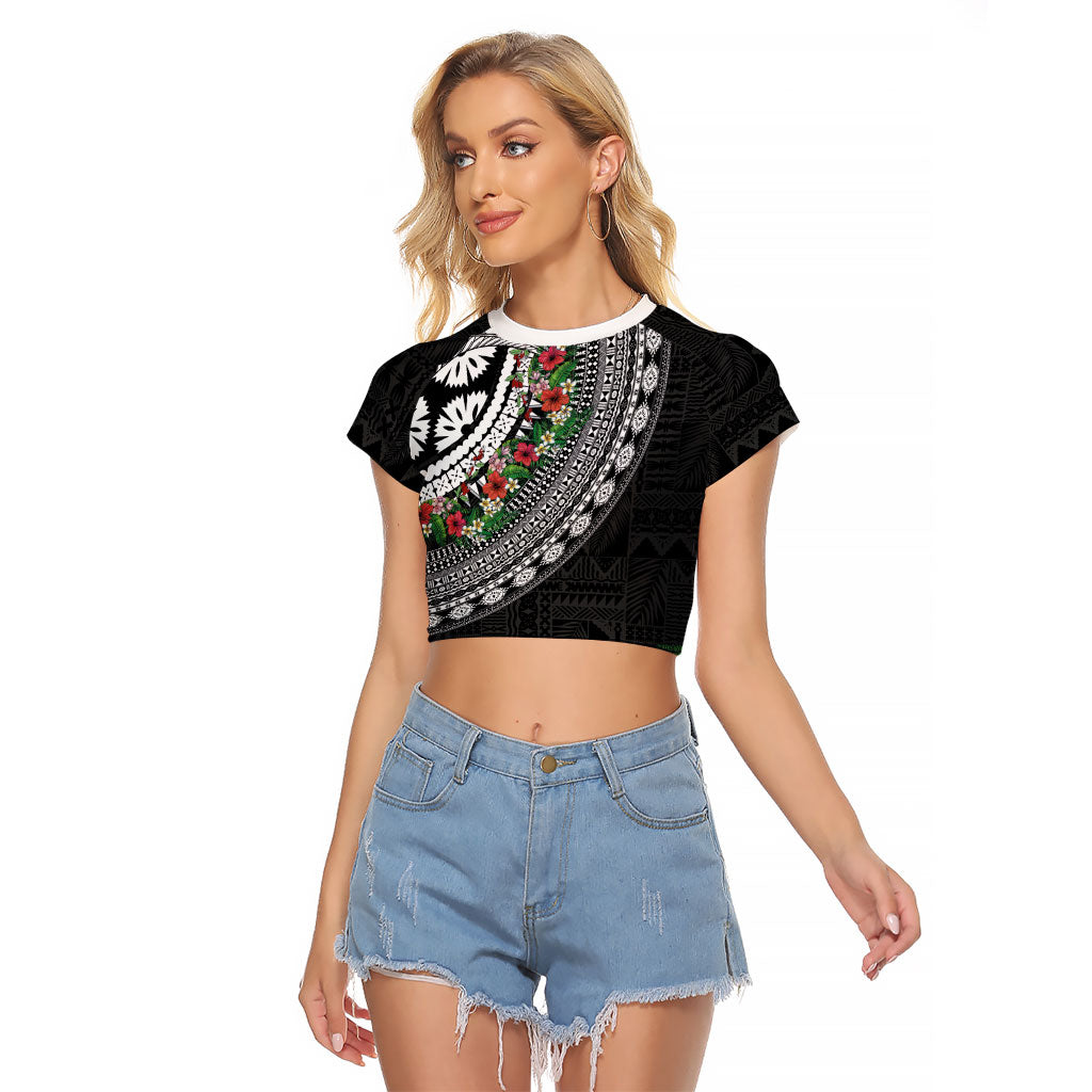 Fiji Hibiscus Raglan Cropped T Shirt Tapa Masi Motifs with Tropical Plants