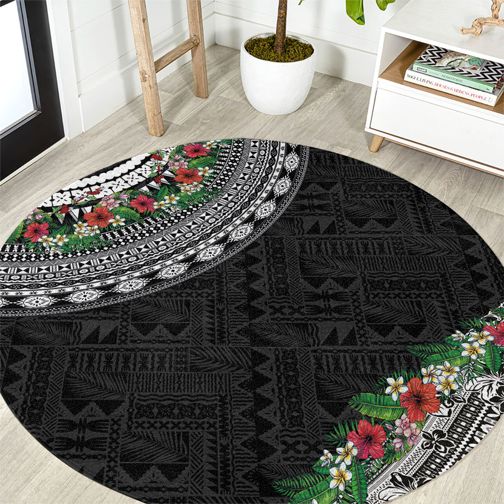 Fiji Hibiscus Round Carpet Tapa Masi Motifs with Tropical Plants