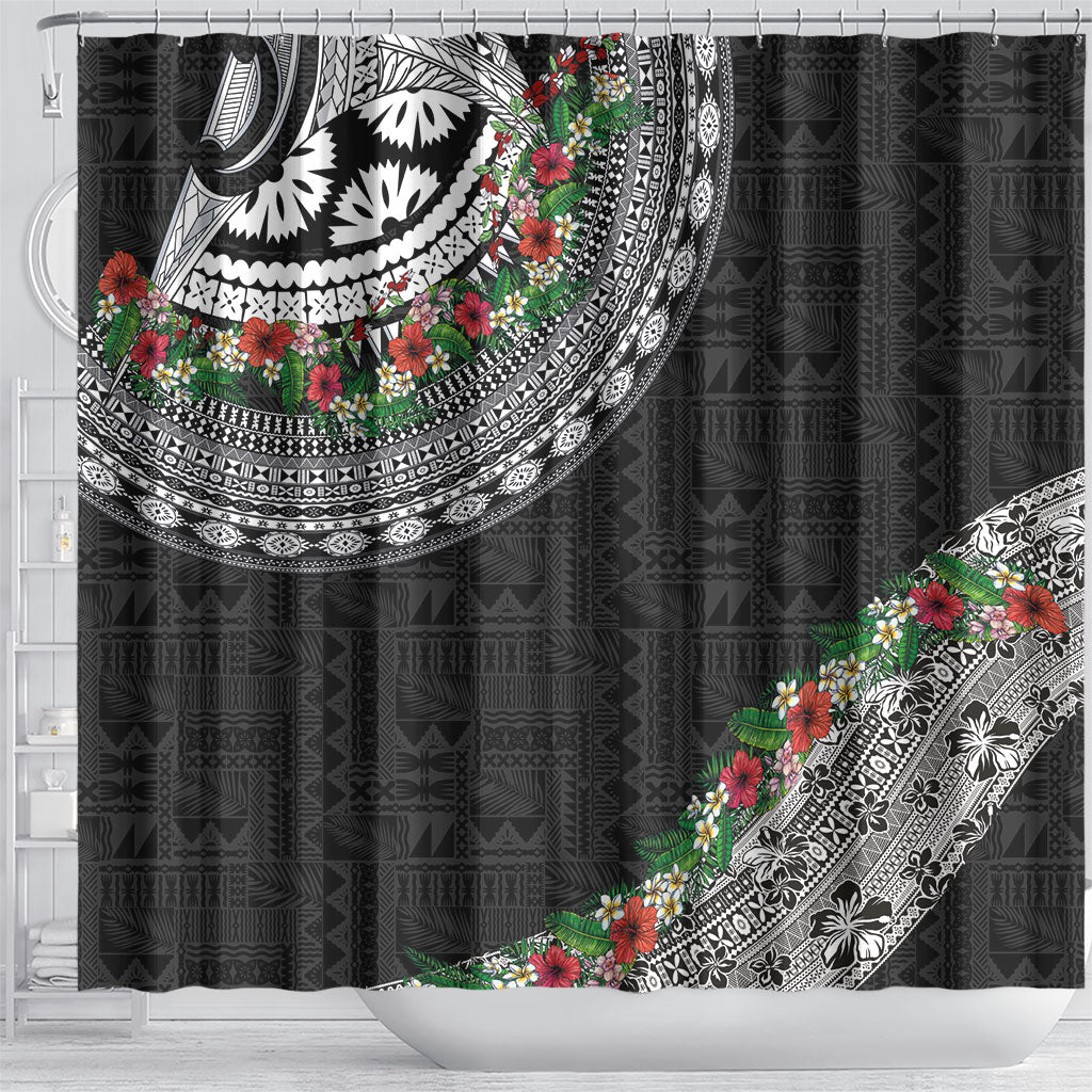 Fiji Hibiscus Shower Curtain Tapa Masi Motifs with Tropical Plants LT03 - Polynesian Pride