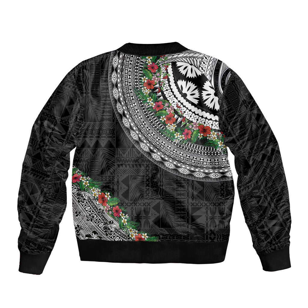 Fiji Hibiscus Sleeve Zip Bomber Jacket Tapa Masi Motifs with Tropical Plants LT03 - Polynesian Pride