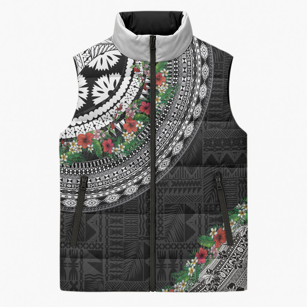 Fiji Hibiscus Sleeveless Puffer Jacket Tapa Masi Motifs with Tropical Plants
