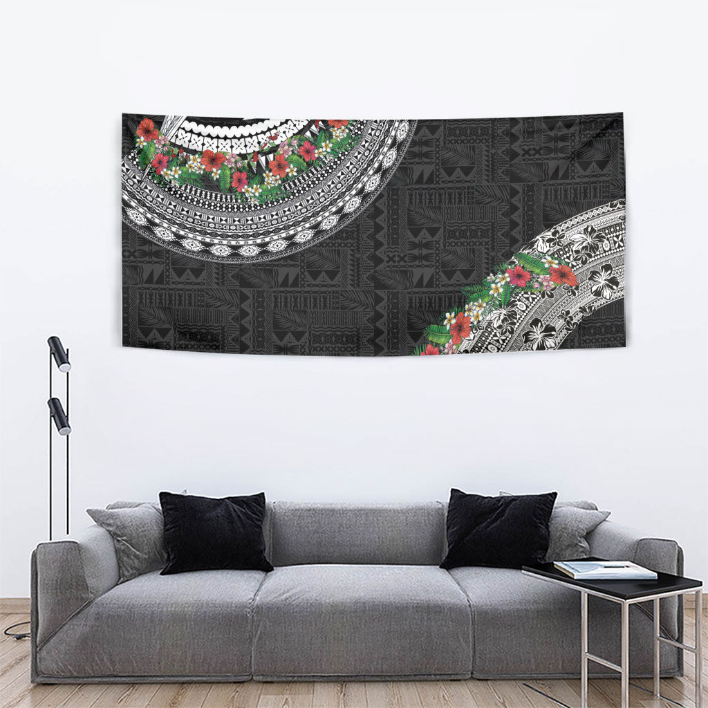Fiji Hibiscus Tapestry Tapa Masi Motifs with Tropical Plants