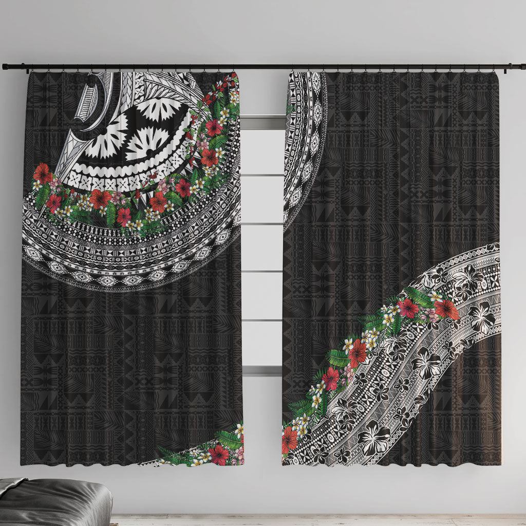 Fiji Hibiscus Window Curtain Tapa Masi Motifs with Tropical Plants