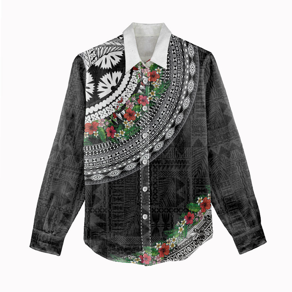 Fiji Hibiscus Women Casual Shirt Tapa Masi Motifs with Tropical Plants