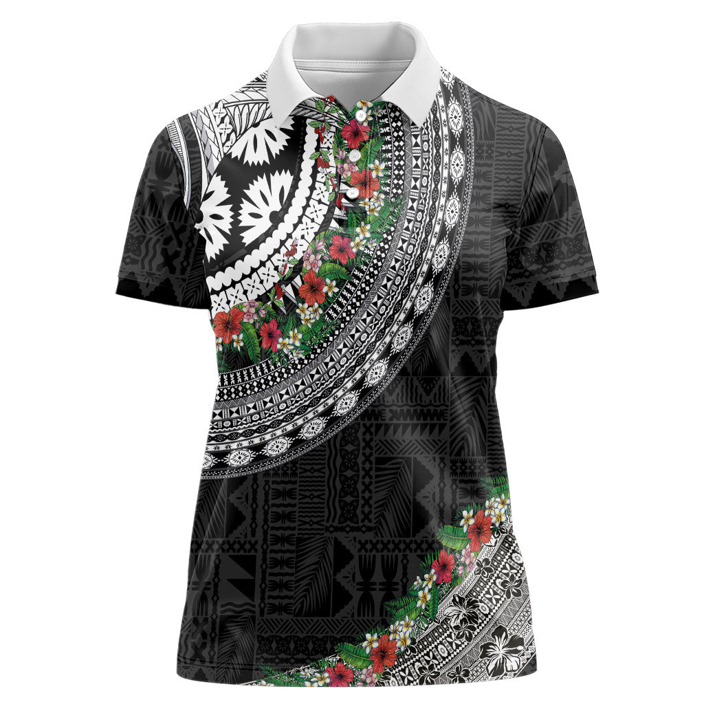 Fiji Hibiscus Women Polo Shirt Tapa Masi Motifs with Tropical Plants