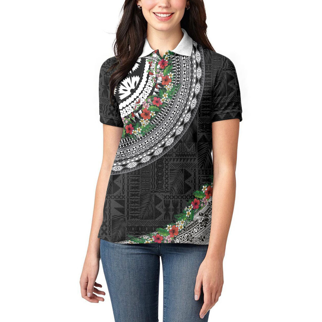 Fiji Hibiscus Women Polo Shirt Tapa Masi Motifs with Tropical Plants