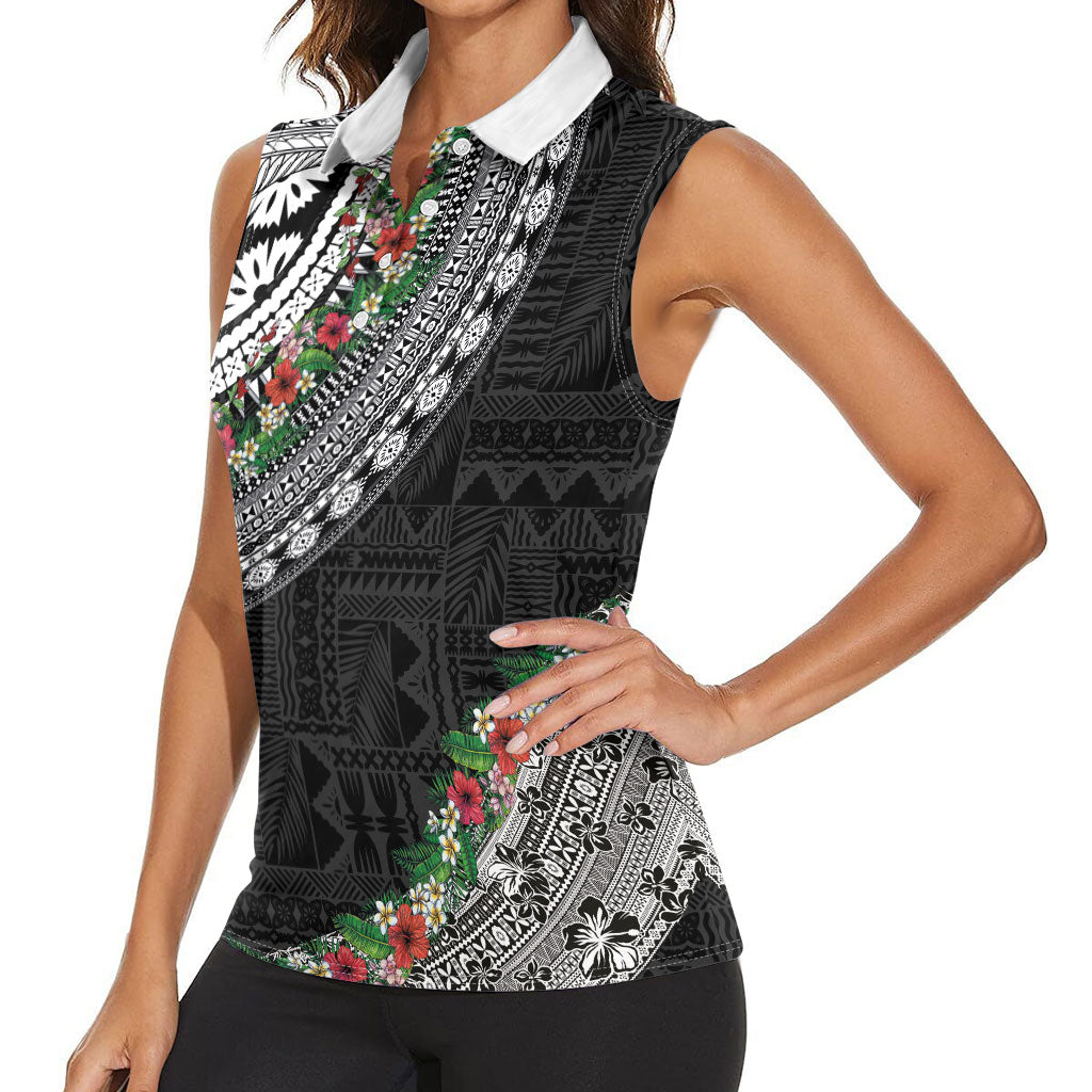 Fiji Hibiscus Women Sleeveless Polo Shirt Tapa Masi Motifs with Tropical Plants