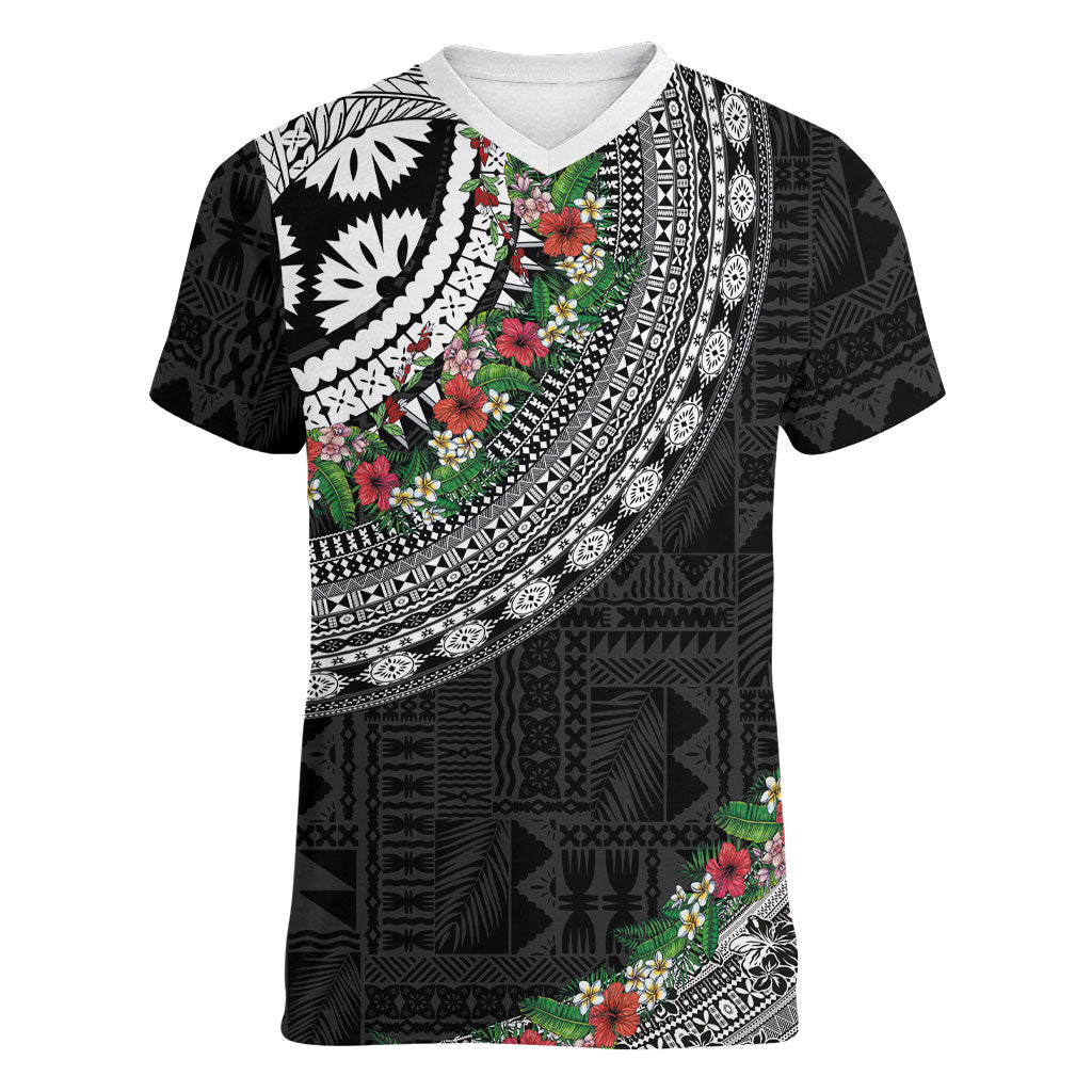 Fiji Hibiscus Women V-Neck T-Shirt Tapa Masi Motifs with Tropical Plants