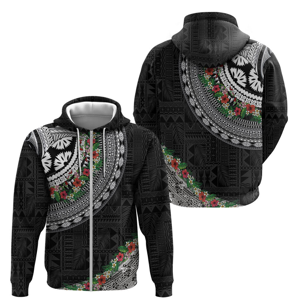 Fiji Hibiscus Zip Hoodie Tapa Masi Motifs with Tropical Plants