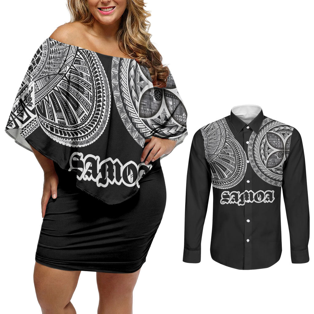 Samoa Traditional Tattoo Couples Matching Off Shoulder Short Dress and Long Sleeve Button Shirt Tribal Tatau Pattern