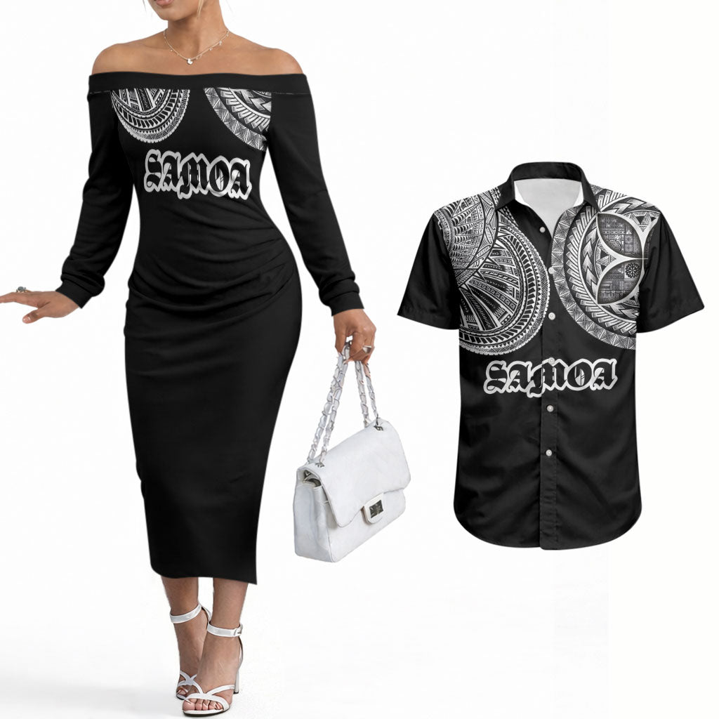 Samoa Traditional Tattoo Couples Matching Off The Shoulder Long Sleeve Dress and Hawaiian Shirt Tribal Tatau Pattern