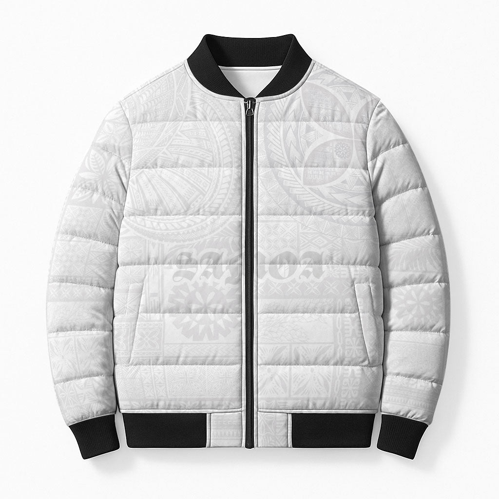 Samoa Lotu Tamaiti Bomber Puffer Jacket Tribal Tatau with Siapo Pattern LT03 Unisex White - Polynesian Pride