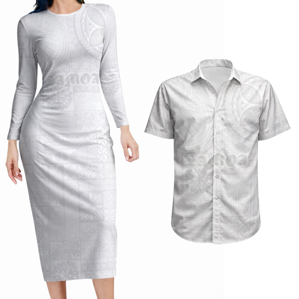 Samoa Lotu Tamaiti Couples Matching Long Sleeve Bodycon Dress and Hawaiian Shirt Tribal Tatau with Siapo Pattern LT03 White - Polynesian Pride
