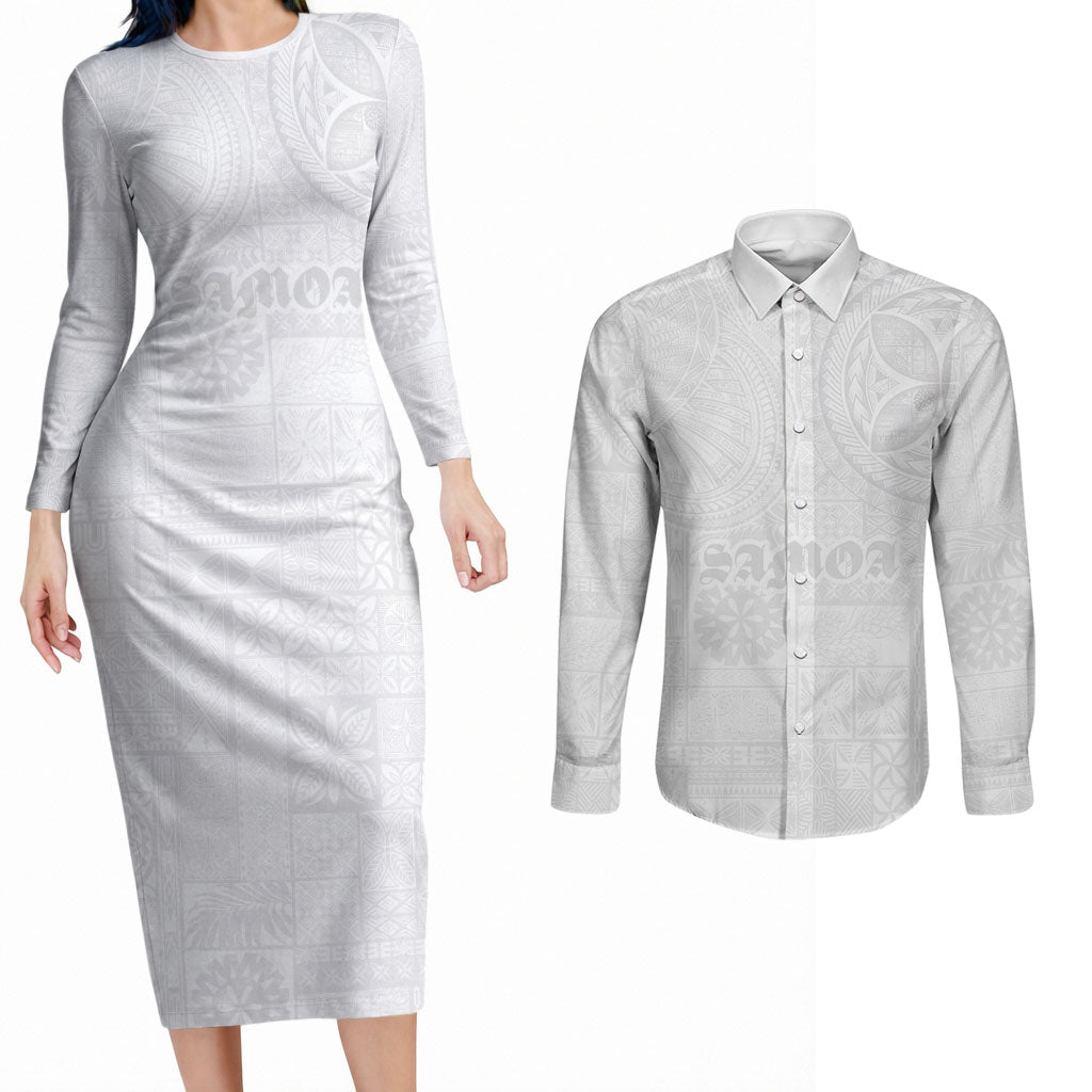 Samoa Lotu Tamaiti Couples Matching Long Sleeve Bodycon Dress and Long Sleeve Button Shirt Tribal Tatau with Siapo Pattern