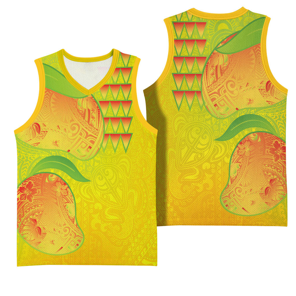 Hawaiian Mango Basketball Jersey Polynesian Art Pattern and Kakau Tattoo