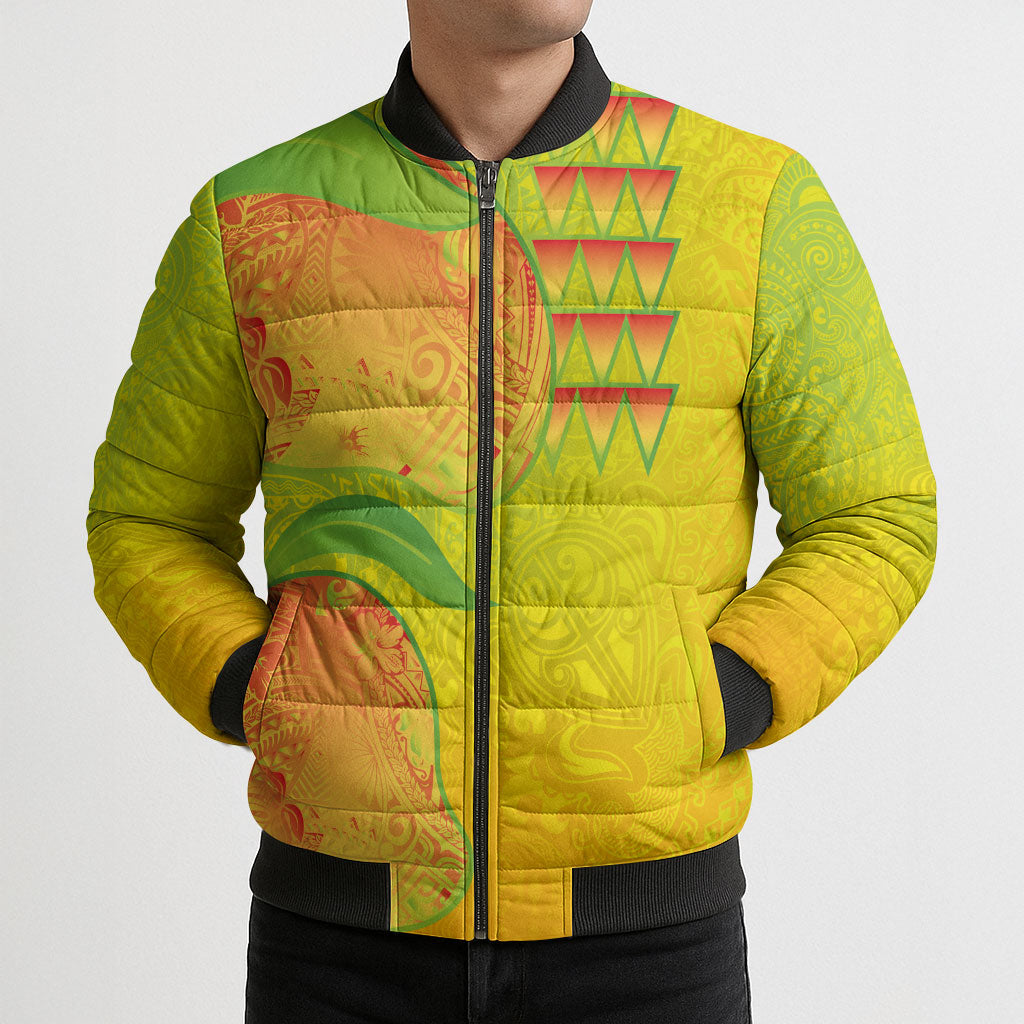 Hawaiian Mango Bomber Puffer Jacket Polynesian Art Pattern and Kakau Tattoo