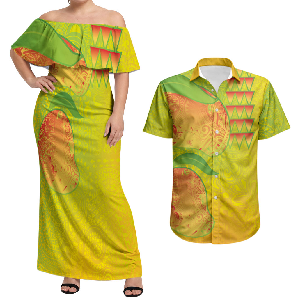 Hawaiian Mango Couples Matching Off Shoulder Maxi Dress and Hawaiian Shirt Polynesian Art Pattern and Kakau Tattoo