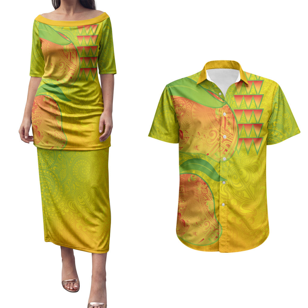 Hawaiian Mango Couples Matching Puletasi and Hawaiian Shirt Polynesian Art Pattern and Kakau Tattoo LT03 Yellow - Polynesian Pride