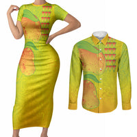 Hawaiian Mango Couples Matching Short Sleeve Bodycon Dress and Long Sleeve Button Shirt Polynesian Art Pattern and Kakau Tattoo