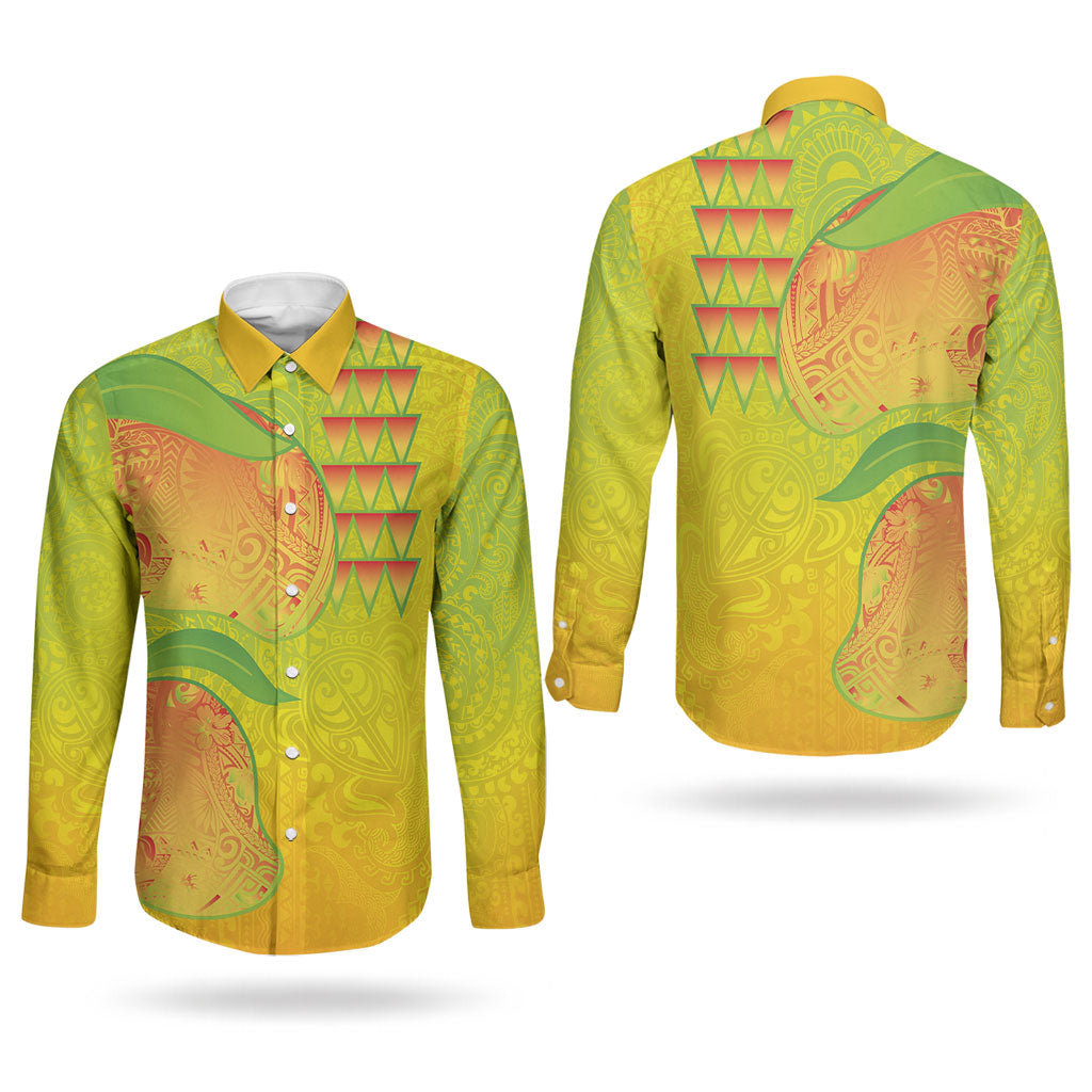 Hawaiian Mango Couples Matching Tank Maxi Dress and Long Sleeve Button Shirt Polynesian Art Pattern and Kakau Tattoo