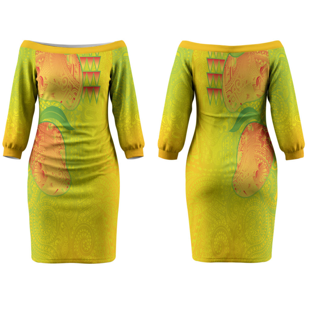 Hawaiian Mango Family Matching Off The Shoulder Long Sleeve Dress and Hawaiian Shirt Polynesian Art Pattern and Kakau Tattoo
