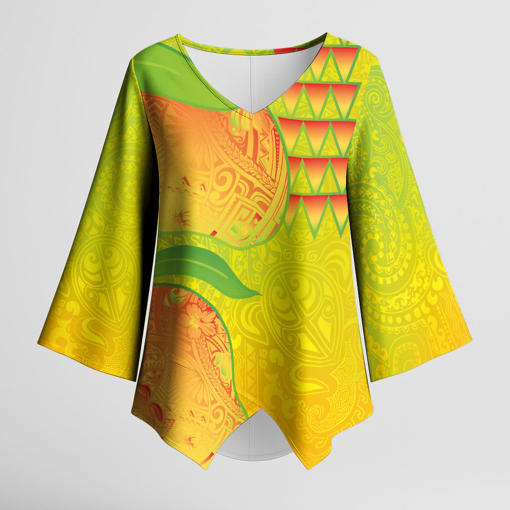 Hawaiian Mango Kimono Sleeve Blouse Polynesian Art Pattern and Kakau Tattoo