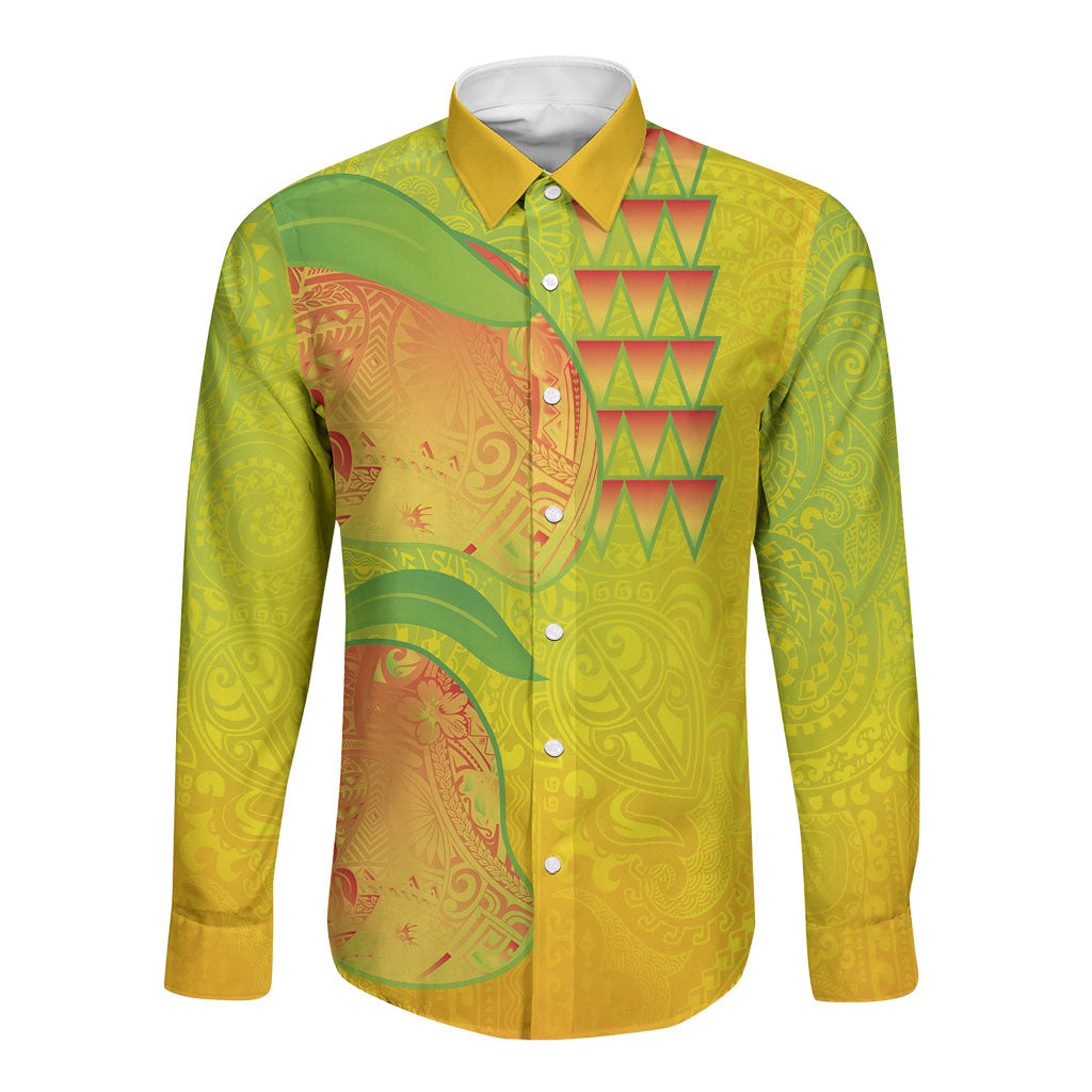 Hawaiian Mango Long Sleeve Button Shirt Polynesian Art Pattern and Kakau Tattoo